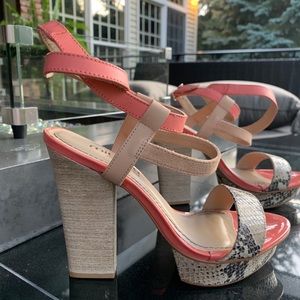 Coral and Snakeskin Block Heels 🧡